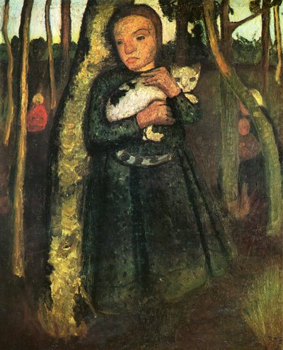 Niña con gato en el bosque de abedules de Paula Modersohn Becker